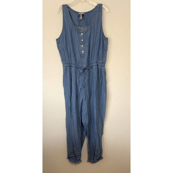 Knox Rose‎ Women’s Chambray Denim Button Jumpsuit Medium Waist Tie Cottagecore - Picture 1 of 6